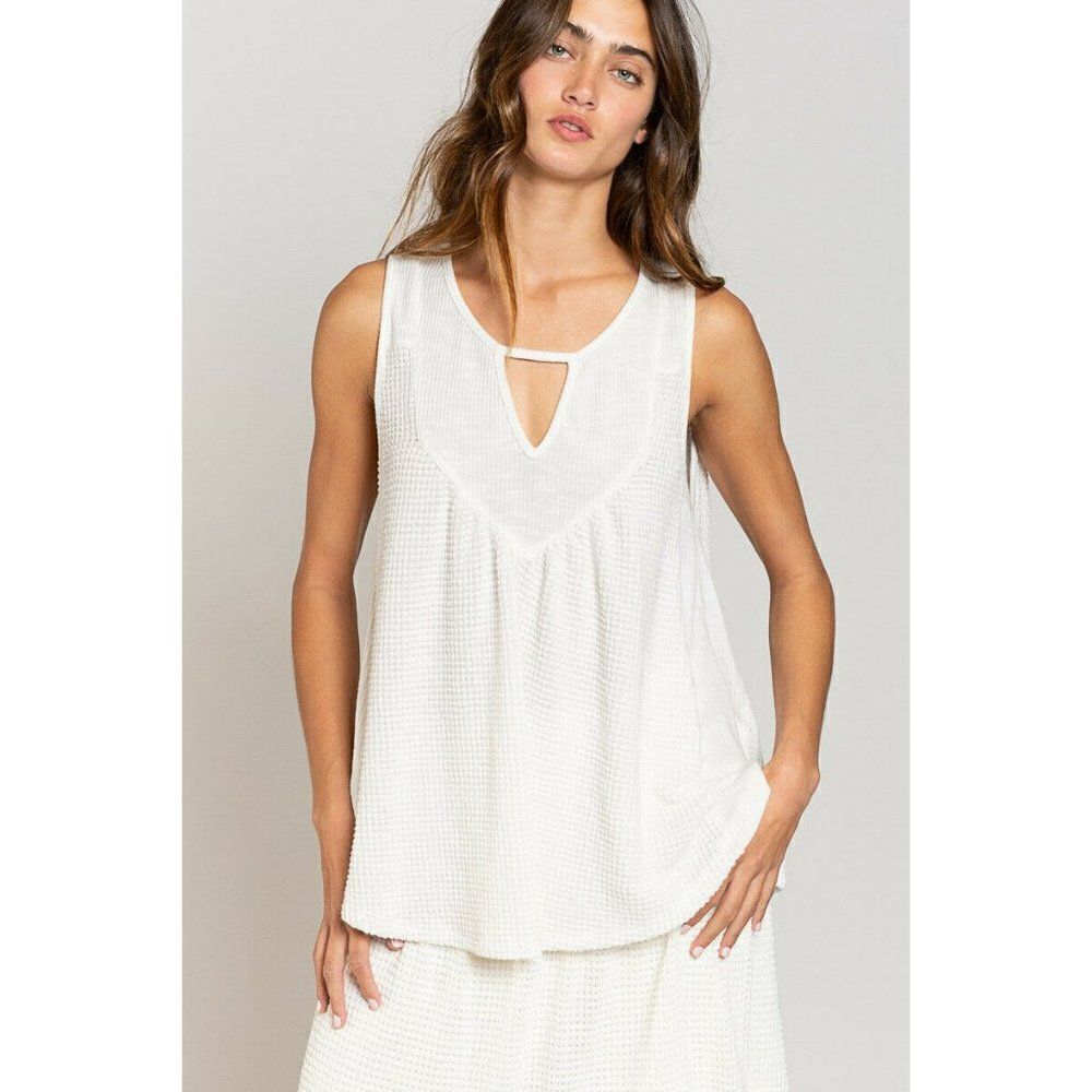 SALE! POL Clothing Ivory Waffle Knit Relaxed Fit Shirt Top Summer Spring Keyhole
